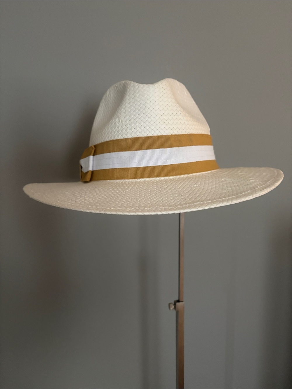 Saks Fifth Avenue Straw Hat with Gold and White Ribbon Band